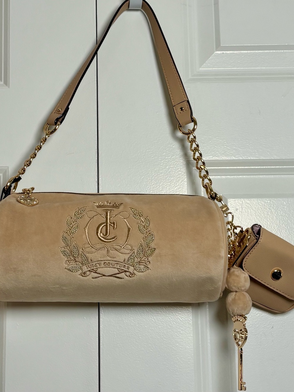 JUICY COUTURE Velour Sparkle Royal Logo Barrel Satchel Handbag in Buff Beige